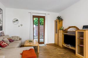 a living room with a couch and a tv at Untermühle Horchheim in Worms