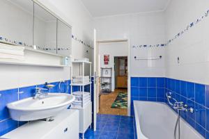a bathroom with blue tiles and a tub and a sink at Untermühle Horchheim in Worms +20 photos