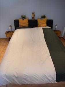 a bed with a white and green blanket on it at Ela´s Alstadtliebe in Wertheim