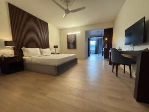 a bedroom with a bed and a desk and a television at Tibet Hotel in Skardu