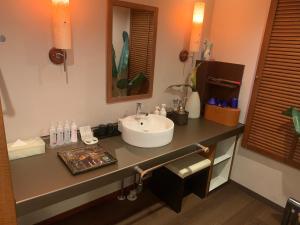 a bathroom counter with a sink and a mirror at Rplus八千代 in Chiba