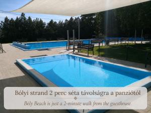 a large blue swimming pool withbaby beach is just a minute walk from at Magtár Villa in Bóly