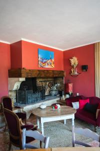 a living room with red walls and a fireplace at Auberge de l'Escargot d'Or in Dieulefit