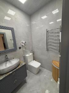 a bathroom with a toilet and a sink and a mirror at Huzur tapacaginiz ev in Sumqayıt +7 photos