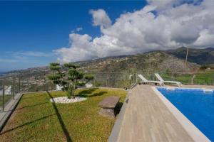 a swimming pool with a tree and a mountain at Celeste Villa in Ribeira Brava