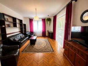 a living room with a couch and a tv at Retro Land Bogács in Bogács
