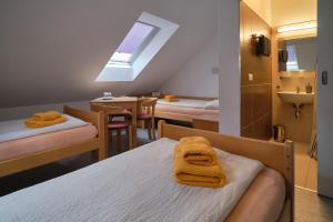 a hotel room with two beds and a sink at Centrum Salvator in Bratislava