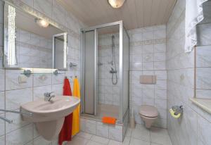 a bathroom with a sink and a shower and a toilet at Ferienhaus Richter in Drognitz +27 photos