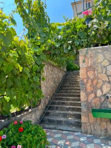 a set of stairs with flowers and a stone wall at Alira Rooms in Pogradec