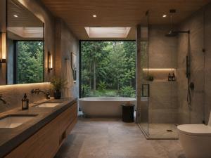a bathroom with two sinks and a tub and a shower at De Holiday Home in Haenertsburg