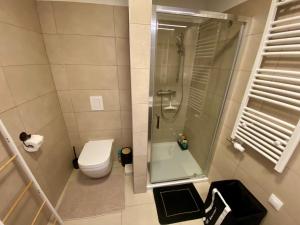 a bathroom with a toilet and a glass shower at Elite Gerlach Mezonet in Svätý Jur