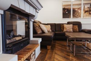 a living room with a couch and a fireplace at Villa Vivaldi in Kühlungsborn