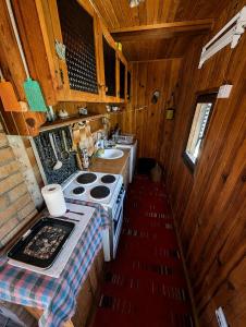 an overhead view of a kitchen with a stove and a sink at Kremna Cottage in Kremna