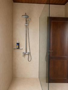 a shower with a glass door in a bathroom at The Cottage in the Trees in Tsagarada +20 photos