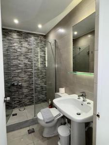 a bathroom with a toilet and a sink and a shower at Eleana's apartments in Gouvia +45 photos
