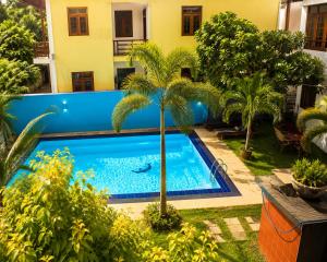 a swimming pool in a yard with palm trees at Glory Rajarata Lakeside Resort in Anuradhapura +8 photos
