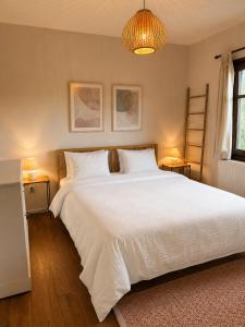 a bedroom with a large white bed with two lamps at The Cottage in the Trees in Tsagarada