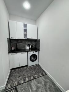 a laundry room with a sink and a washing machine at APARTMENT Ultra central in Edineţ
