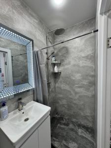 a bathroom with a shower and a sink and a mirror at APARTMENT Ultra central in Edineţ