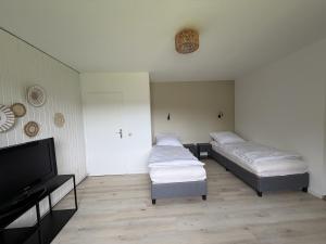 a room with two beds and a flat screen tv at Gemütliche Ferienwohnung direkt am Waldrand in Dörentrup