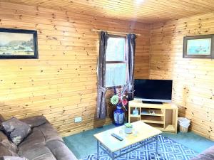 a living room with a couch and a television at Braemar Lodge Cabins in Braemar
