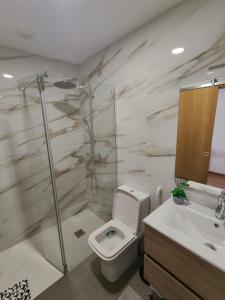 a bathroom with a toilet and a shower and a sink at Gondar Stays T1  +3 photos
