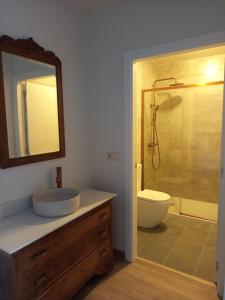 a bathroom with a sink and a toilet and a mirror at As Casiñas da Mina in Fechas