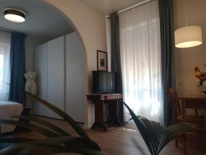 a living room with a television and a table with a plant at Appartamento con giardino e posto auto privato in Follonica