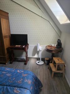 a bedroom with a bed and a desk and a television at Herberg de Griffioen in Wolphaartsdijk