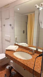 a bathroom with a sink and a toilet and a mirror at Hotel zum Ritter in Fulda