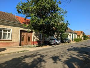 a street with a tree and a house with a car at B57 guesthouse in Budakalász