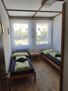 two beds in a room with two windows at Družstevní dům Choustník in Choustník