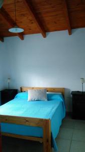 1 dormitorio con cama azul y techo de madera en Cabañas Espinillos del Lago in 