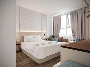 a white bedroom with a large white bed and a window at Ben Thanh Luxury Hotel - Premium Kas Dilly & Spa in Ho Chi Minh City +55 photos