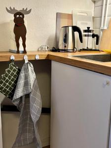 a kitchen counter with towels hanging on a shelf at Villa María - Charming 40 m2 lower level suite with private entrance in Simrishamn