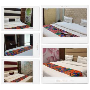 a collage of four pictures of a hotel room at Triveni Inn in Jahāngīrābād