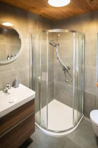 a bathroom with a shower and a sink at Great Lake in Nová Baňa