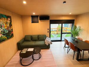 a living room with a green couch and a table at Relax on Remarkable in Queenstown
