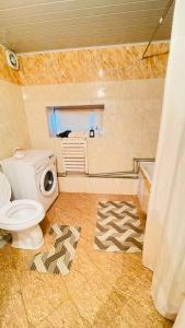 a bathroom with a toilet and a shower and a rug at Guest house Kyial in Naryn +27 photos