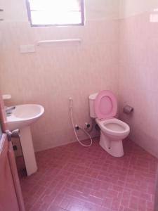 a bathroom with a pink toilet and a sink at Miriswaththa resort in Deniyaya