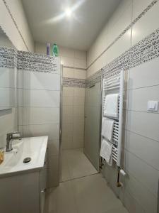 a white bathroom with a shower and a sink at Apartman cheb in Cheb