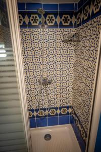 a bathroom with a shower with blue and white tiles at Superbe Péniche En Centre Ville in Bordeaux +105 photos