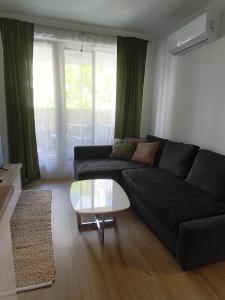 a living room with a black couch and a glass table at Apartment with parking in the city center in Staré Mesto