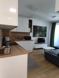 a kitchen and living room with white cabinets and a tv at Apartment with parking in the city center in Staré Mesto