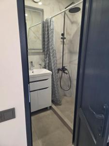 a bathroom with a sink and a shower with a shower curtain at hyuratun Shamlugh in Shamlugh