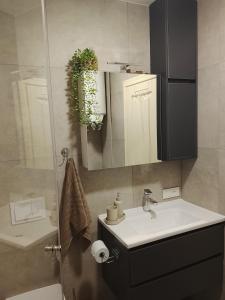 a bathroom with a sink and a mirror at Minija Stay Priekule 1925 in Priekulė