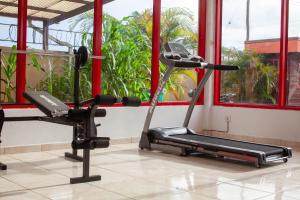 a gym with a treadmill and a window at Barolena Hotel en appartement in Paramaribo