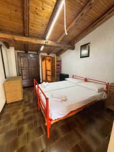 a bedroom with a large bed in a room with wooden ceilings at Vecchio Mulino- Via Paier in Entracque