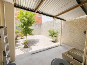 an empty room with a tree and a wall at Hostal Puerto del Reino in Puerto Colombia