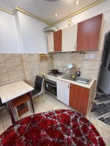 a small kitchen with a sink and a stove at Kaira place in Lupeni